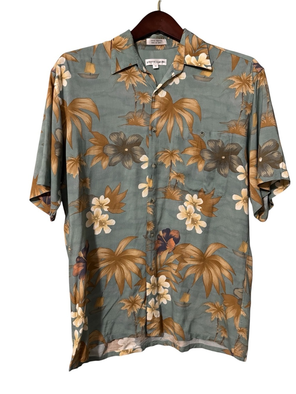 Pierre Cardin Green Tropical Floral Short-Sleeve Shirt Size Medium 100% Rayon